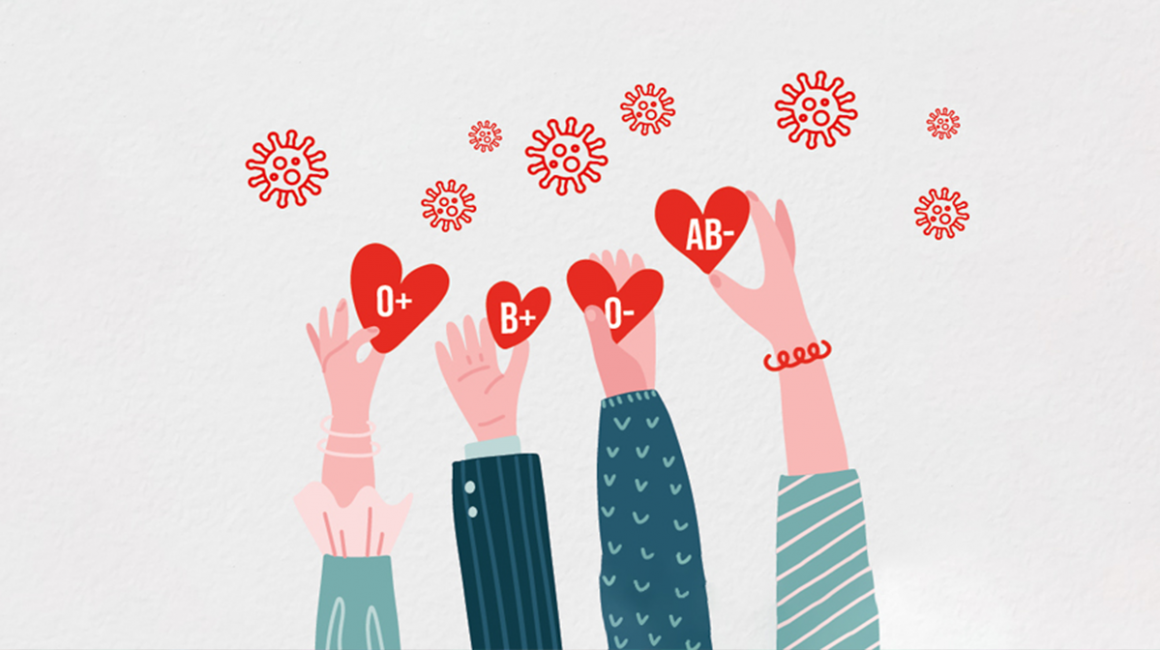 Rysunek czterech różnych rąk uniesionych w górę, trzymających serca z oznaczeniami grup krwi: 0+, B+, 0-, AB-. 