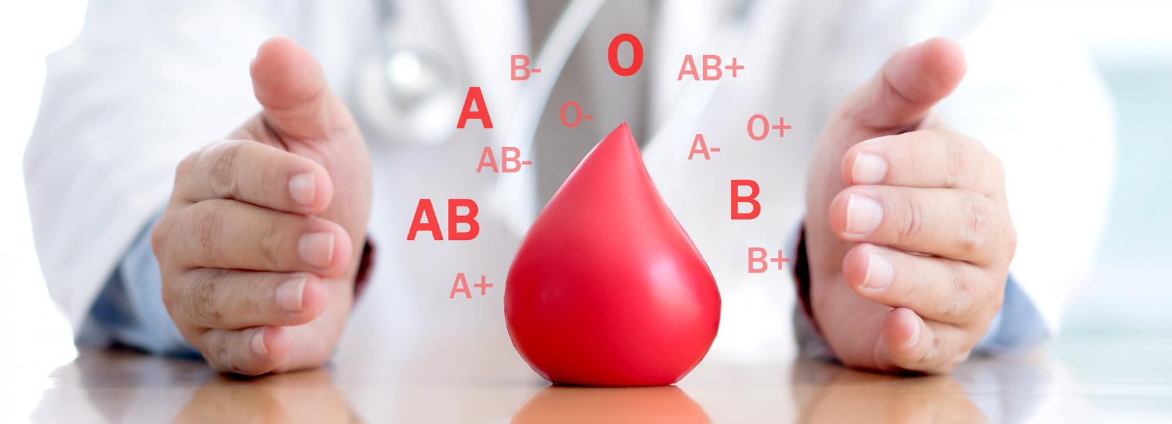 Duża kropla krwi i symbole grup krwi 